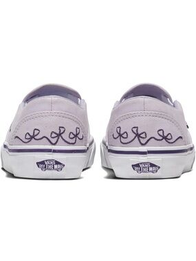 Vans Lavender Canvas Slip-On Sneakers with 3 Black Bows Stitched Along Back